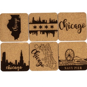 Chicago Themed Cork Coaster Set | Custom Engraved Coasters, Set of 6 | Chi Town Illinois Unique Ready To Ship Gift Stocking Stuffer