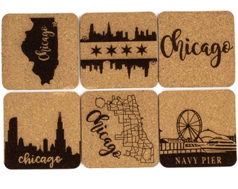 Chicago Themed Cork Coaster Set | Custom Engraved Coasters, Set of 6 | Chi Town Illinois Unique Ready To Ship Gift Stocking Stuffer