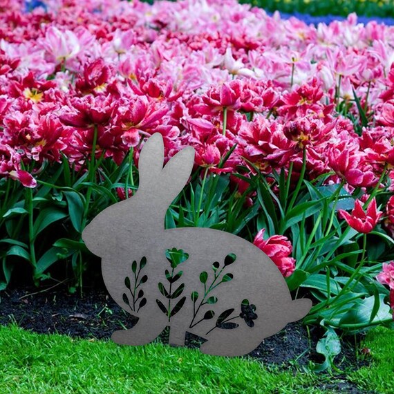 Bunny Rabbit Floral Metal Garden Stake | Raw Metal Patinas Over