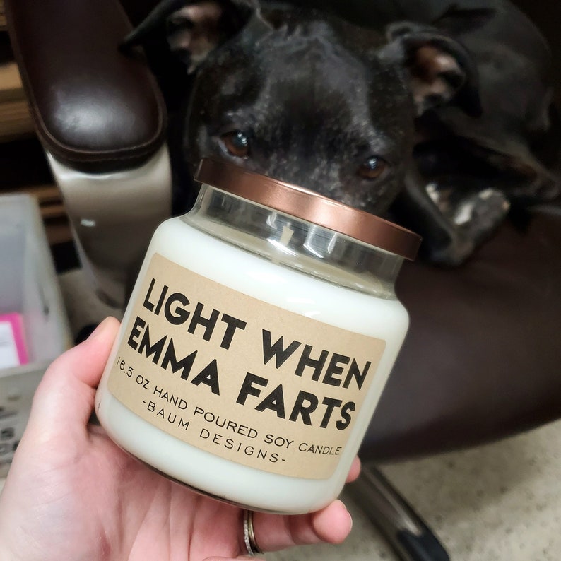 Personalized Light When Name Farts Soy Candle. Large 16.5oz, Over 100 hours of burn time. Black Bronze or Silver lid options.  Funny All Natural Candles from Baum Designs.