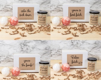 Mothers Day Funny Gift Set Birthday Gifts For Women Bath Bomb & Soy Candle Spa Gift Box | Calm The Fuck Down Unique Gift For Her Mom
