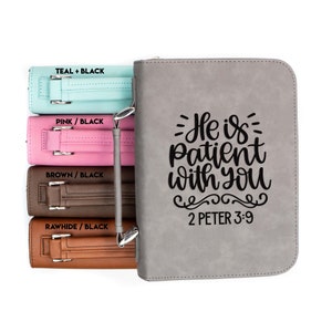 He is Patient with You 2 Peter 3-9 Faux Leather Bible Cover | Personalized Faux Leather Case Engraved Confirmation Gift