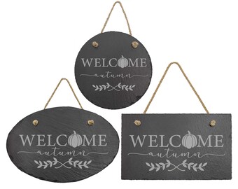 Welcome Autumn Slate Sign Door Hanger | Unique Fall Home Decor Pumpkin Signs