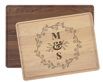 Personalized Cutting Board Floral Wreath Initials | Maple or Walnut Wood, Multiple Size Options