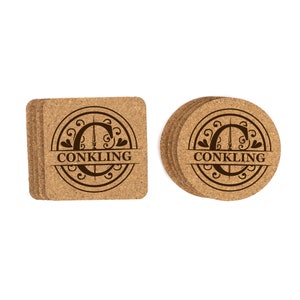 Last Name Round Split Monogram Coaster Set | Personalized Custom Engraved Cork Coasters | Unique Wedding Housewarming Gift Stocking Stuffer