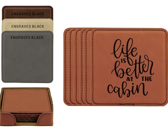 Life Is Better At The Cabin Faux Leather Coasters Set Of 6 | Custom Engraved Vegan Leather Coasters | Unique Ready To Ship Gift