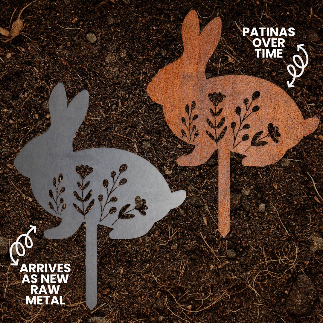 Bunny Rabbit Floral Metal Garden Stake | Raw Metal Patinas Over Time ...