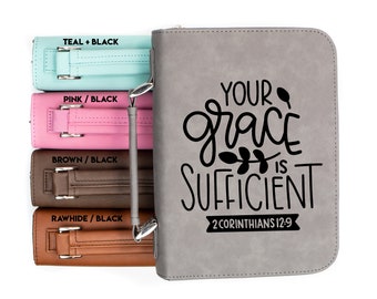 Your Grace Is Sufficient Bible Cover 2 Corinthians 12:9 | Personalized Faux Leather Bible Case Engraved Communion Confirmation Gift