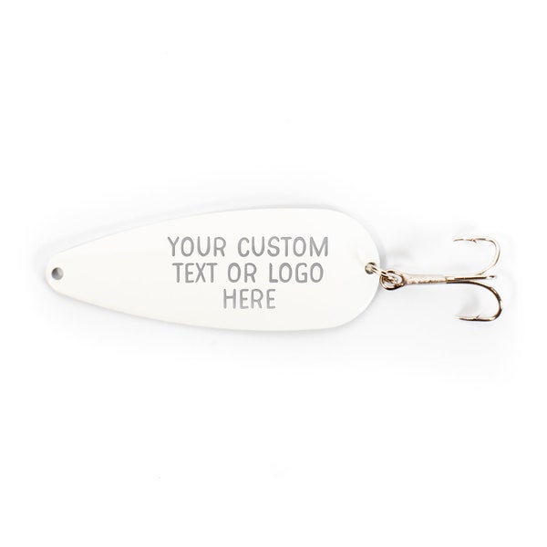 Your Business Logo on White Fishing Lure Spoon | Personalized Custom Laser Engraved