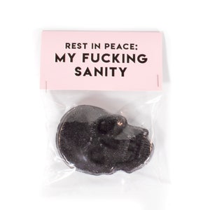 May include: A black skull-shaped bath bomb in a clear plastic bag. The bath bomb has a glittery texture. A pink label above the bag reads "REST IN PEACE: MY FUCKING SANITY" in black text.