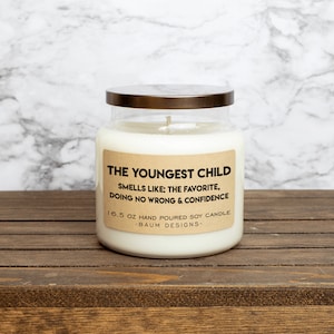 The Youngest Child Soy Candle Smells Like The Favorite, Doing No Wrong & Confidence 16.5 oz. All Natural Candles Unique Funny Gift image 1