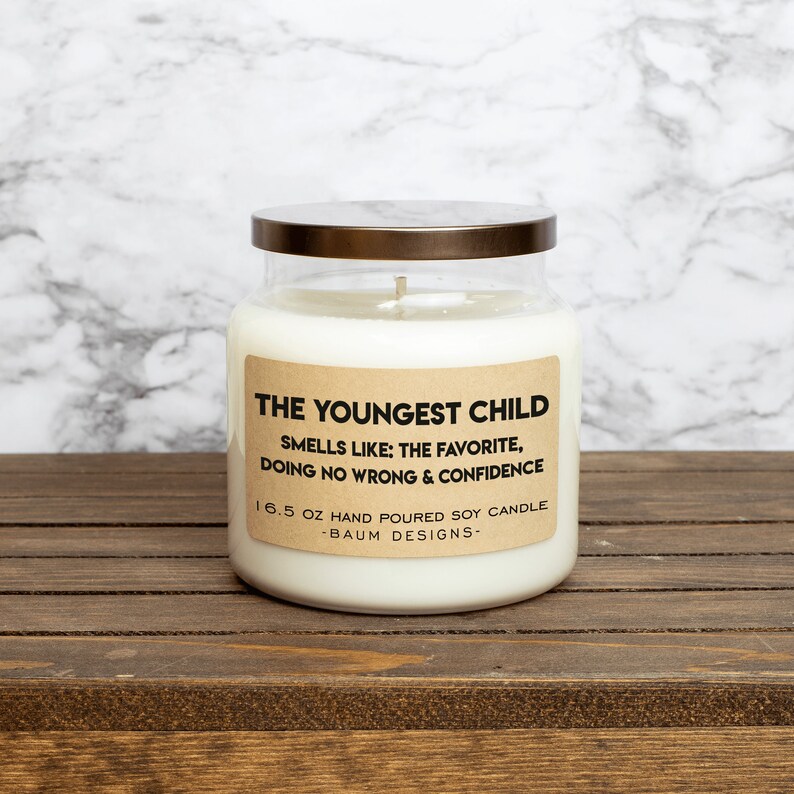 The Youngest Child Soy Candle Smells Like The Favorite, Doing No Wrong & Confidence 16.5 oz. All Natural Candles Unique Funny Gift image 1