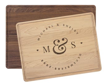 Personalized Cutting Board Initials And Wedding Date | Maple or Walnut Wood, Multiple Size Options