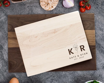 Personalized Floral Monogram Cutting Board | Maple or Walnut Wood Engraved | Wedding Housewarming Newlywed Bridal Shower Mother's Day Gift