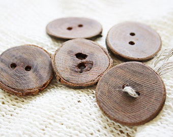 SET de 6 boutons en bois naturel & rond, en bois véritable teinté marron naturel, avec 2 trous en 8 tailles de Ø 20 mm à 34 mm