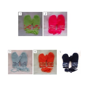 May include: Five pairs of knitted mittens in different colours, including green, pink, blue, orange, and navy blue. Each pair has a colourful stripe pattern and is tied together with matching yarn.