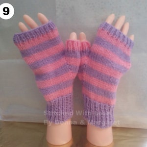 Adult / Teen Hand Knitted striped  Fingerless Gloves with thumbs