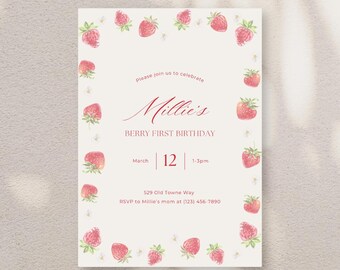 Berry First Birthday Invitation Template | Editable Canva Template| Strawberry Birthday Theme| Berry First Birthday | Instant Download