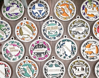 United States Ornaments, Whimsical Icons, Hometown Pride. Each state sold separately. Handmade, laser cut.