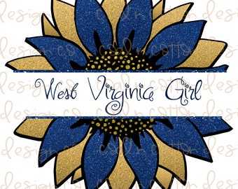 Blue and Gold West Virginia Girl Glitter Sunflower  Sublimation, Clipart, waterslide, PNG Digital Download