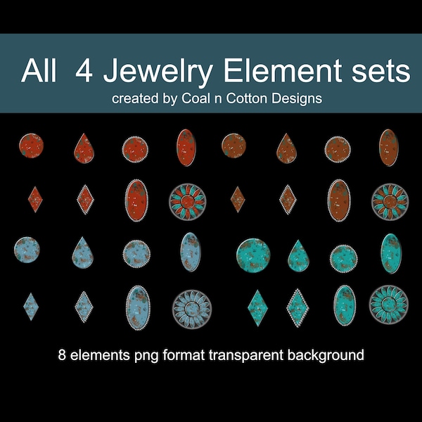4 Sets of Jewelry Elements Custom Designed   PNG, Sublimation, Waterslide, Clipart, Digital Download