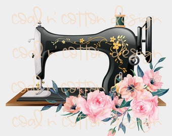 Pink Flowers Sewing machine  with Watercolor Flowers for Sublimation, Clipart, waterslide, PNG Digital Download