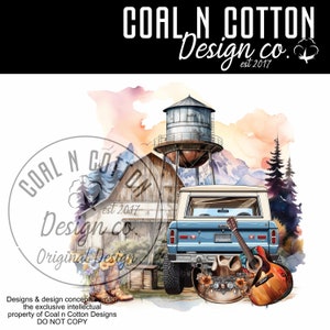 May include: A watercolor illustration of a vintage blue pickup truck parked in front of a rustic barn with a water tower. The truck has a guitar in the back window and a cowboy hat with flowers on the ground in front of it. The background features a mountain range and a sunset sky.
