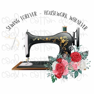 Sewing Machine with Watercolor Flowers PNG - Sublimation Clipart (Digital Download)