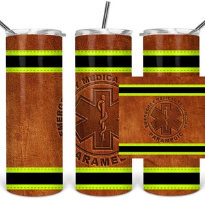 Modello per tumbler da paramedico EMT: design in pelle marrone chiaro (download digitale PNG)