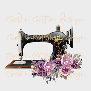Purple Flowers Sewing machine  with Watercolor Flowers for Sublimation, Clipart, waterslide, PNG Digital Download