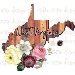 État en bois de Virginie-Occidentale avec sublimation de fleurs à l’aquarelle, toboggan aquatique, clipart, téléchargement numérique PNG
