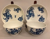 Pair Antique 18th C Worcester Dr. Wall 1st Period English Tea Bowls w Saucers Blue White Crescent Marks