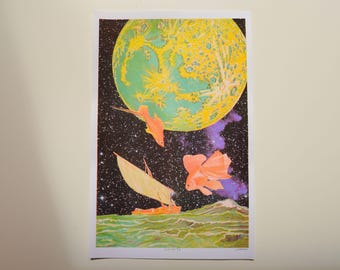 Curiosity Risograph Print — Psychedelic Fish Space Art, Signed 11x17