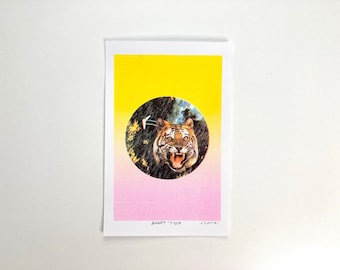 Risograph Print - Angry Tiger - Psychedelic Art - 8.5" x 5.5" Wall Art - Riso Print-  Stop Asian Hate - Screenprint Wall Decor