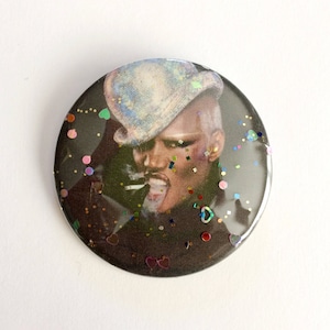 Grace Jones Glitter Pin - Handmade 2.25&quot; Pinback Button - Hurricane - Birthday Gift Idea and Party Favors - FREE SHIPPING