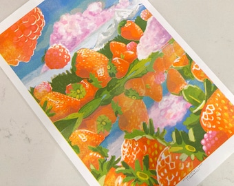 Strawberry Wall Art Risograph Print - Strawberry Painting - Strawberry Lake - Abundance - 11 x 17 - Risograph Print for Sale - Wall Art