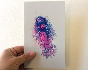 Rose New Moon Risograph Print – Healing Hands Witch Art (8.5x4.25)