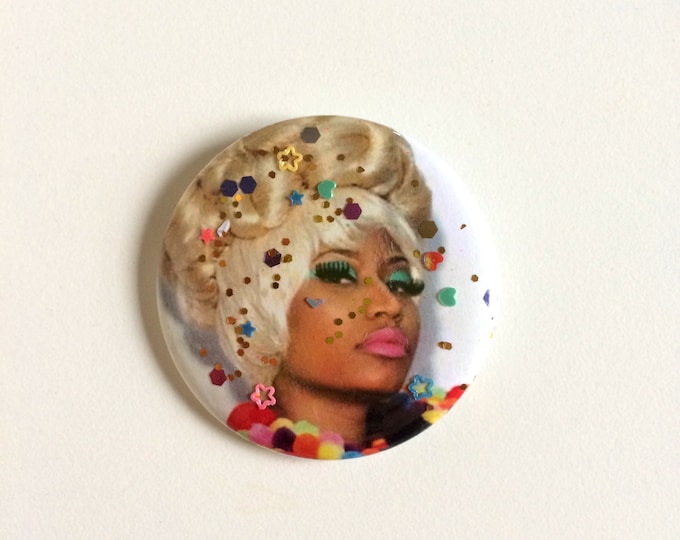 Nicky Minaj Glitter Pinback Button – Handmade Celebrity Meme