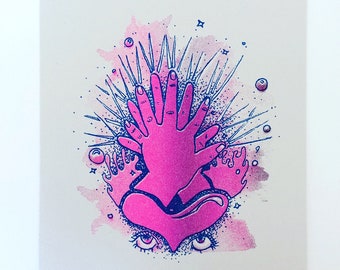 Tattoo Flash Print - Risograph Print - Heart Healing Ritual - Healing Hands Riso Print - 8.5" x 4.25" Witchy Wall Art - Screen Print