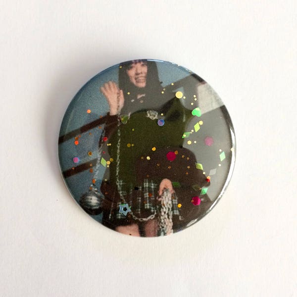 Gogo Yubari Kill Bill Glitter Pin - Asian Girl Magic - Handmade 2.25" Pinback Button - Birthday Gifts and Party Favors - FREE SHIPPING