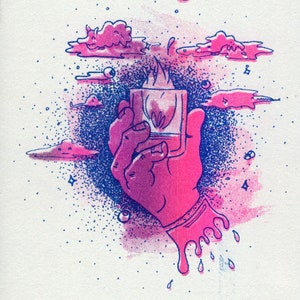 May include: Illustration of a hand holding a square object with flames, surrounded by pink clouds and blue dots. The hand and object are pink, with blue and pink accents. The image has a comic book style.