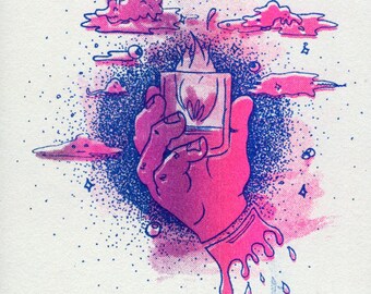 Tattoo Flash Print - Risograph Print - Risograph Poster - Fire Offering - Witchy Wall Art - Pink and Blue Riso Print - J. Sayuri Risorint