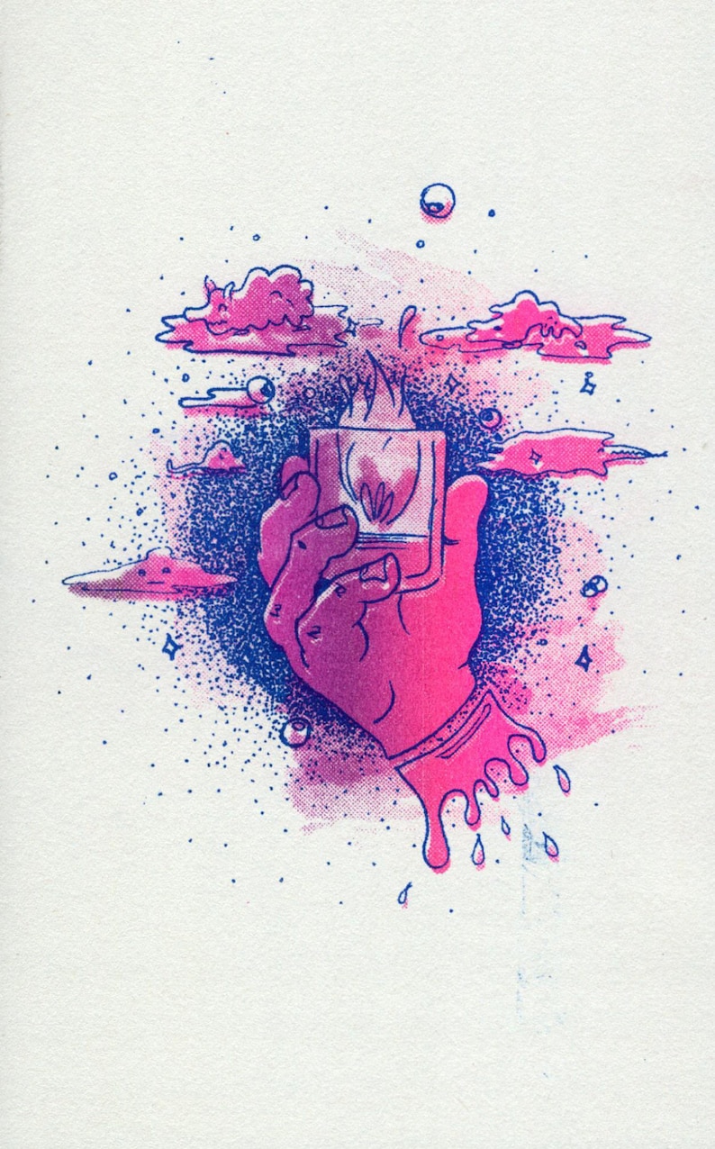 May include: Illustration of a hand holding a square object with flames, surrounded by pink clouds and blue dots. The hand and object are pink, with blue and pink accents. The image has a comic book style.