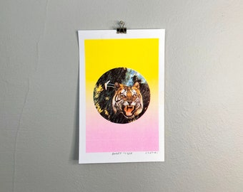 Riso Print - Risograph Print - Angry Tiger - Psychedelic Art - 8.5" x 5.5" Wall Art - Riso Poster-  Stop Asian Hate - Screenprint Wall Decor