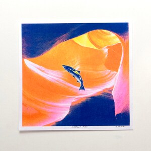 Risograph Print - Psychedelic Riso Print - Freedom Fish - Fish Wall Art - 8.5&quot; x 9&quot; - 3 Color Risograph Print - Colorful Signed Risoprint
