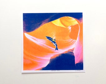 Risograph Print - Psychedelic Riso Print - Freedom Fish - Fish Wall Art - 8.5" x 9" - 3 Color Risograph Print - Colorful Signed Risoprint