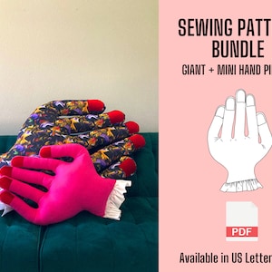 Könnte beinhalten: Nähmuster-Paket für ein großes und ein kleines Handkissen. Das Muster enthält Anleitungen zum Nähen eines rosa Handkissens mit roten Fingernägeln und eines schwarzen und goldenen Handkissens mit roten Fingernägeln. Das Muster ist im PDF-Format erhältlich und in den Größen US Letter und A4 verfügbar.