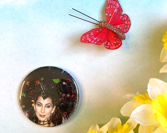 Cher Glitter Pinback Button – Handmade Pop Culture Icon