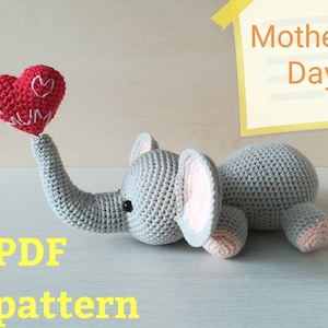 Crochet pattern toy Elephant as Mother&#39;s day gift, English PDF instruction amigurumi jungle animal