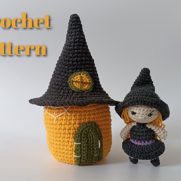Crochet pattern Witch house and little witch doll as Halloween gift idea, Easy to Follow Amigurumi tutorial